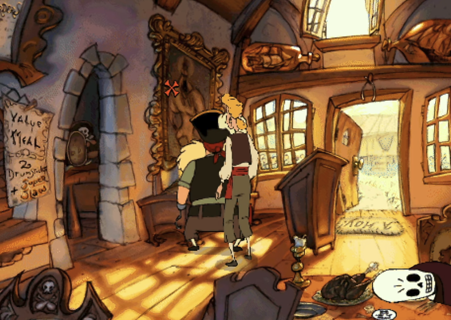 screenshot from a video game Monkey Island 3 showing main character Guybrush in a restaurant
