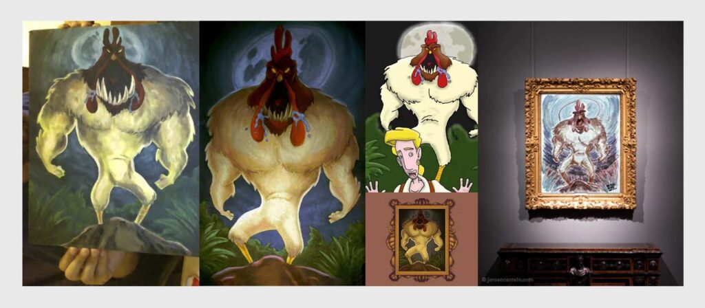 set of five fan made illustrations and paintings of el pollo diablo