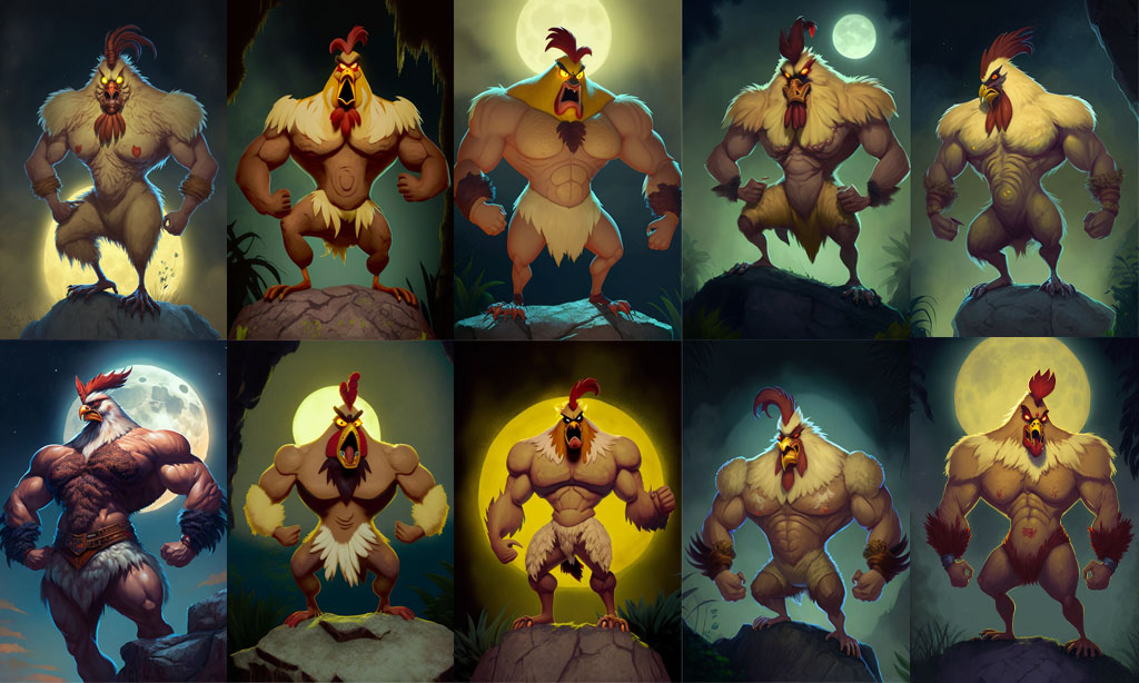 set of ten pictures of ai high quality generated muscular chickens 