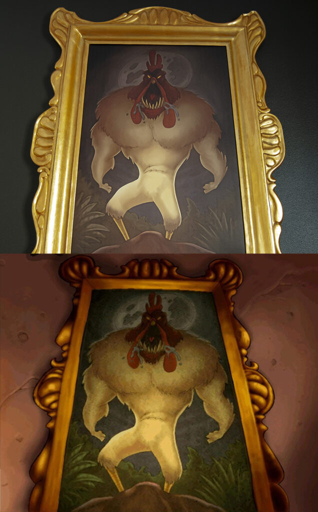 comparison of original in-game screen of el pollo diablo and a real life painting of it
